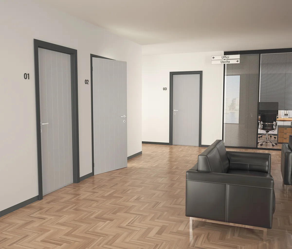 Porte in laminato in un ufficio con area di attesa